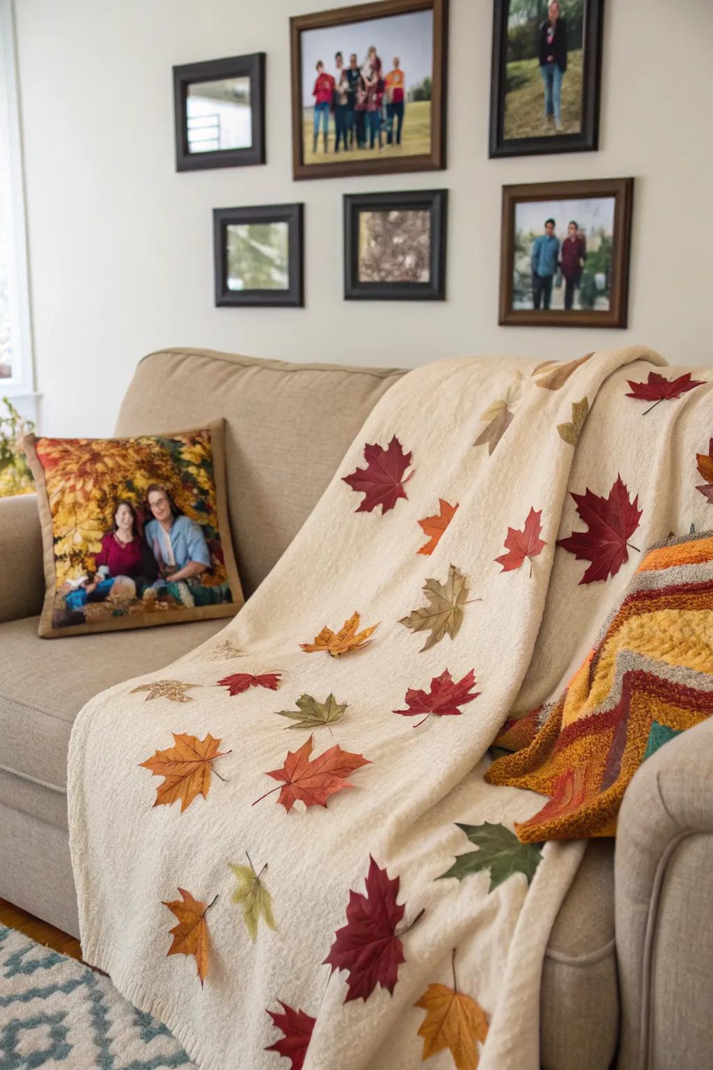 A fall-themed blanket with autumn leaves and family gathering photos, perfect for seasonal warmth.