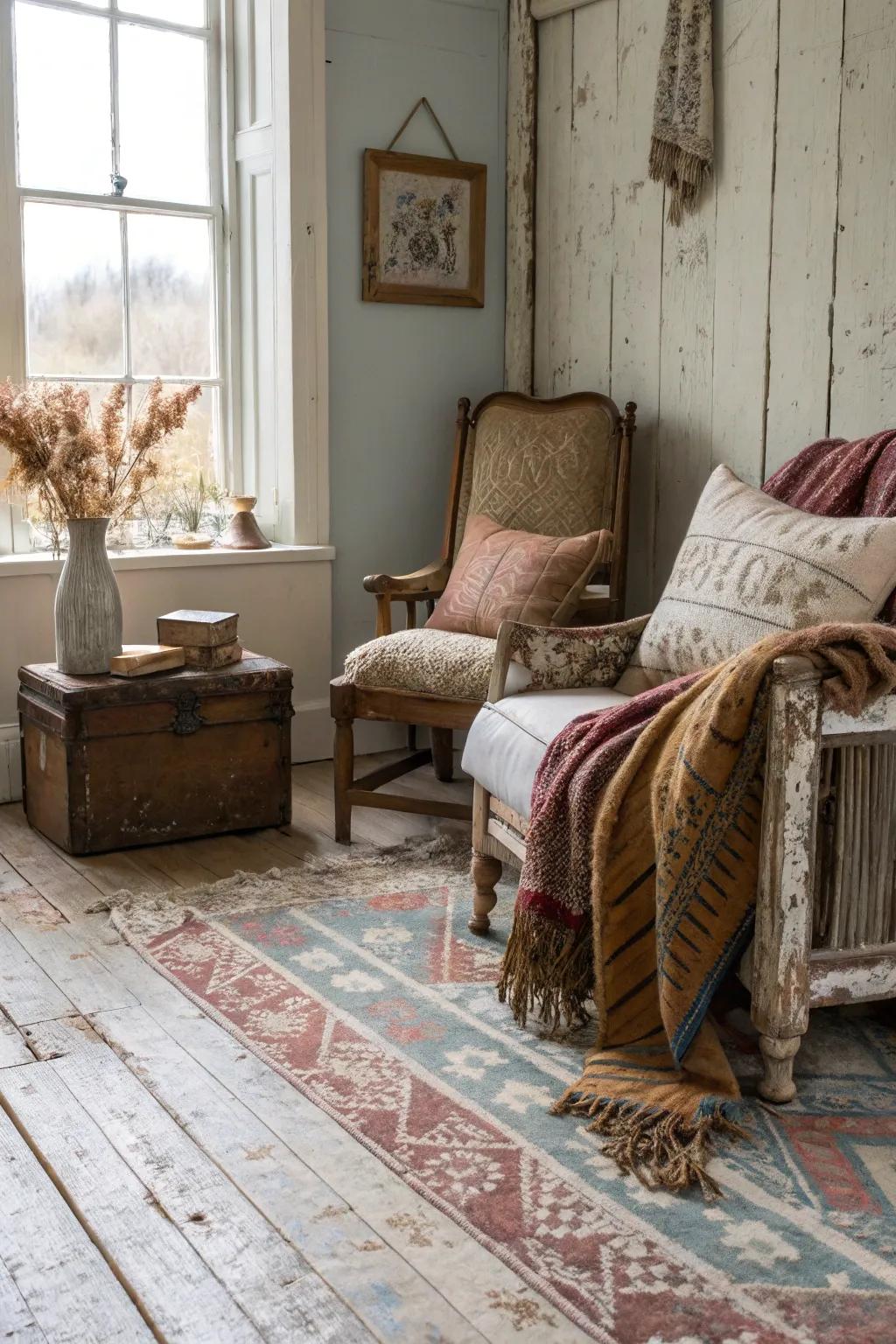 Distressed floors evoke an ageless retro charm.