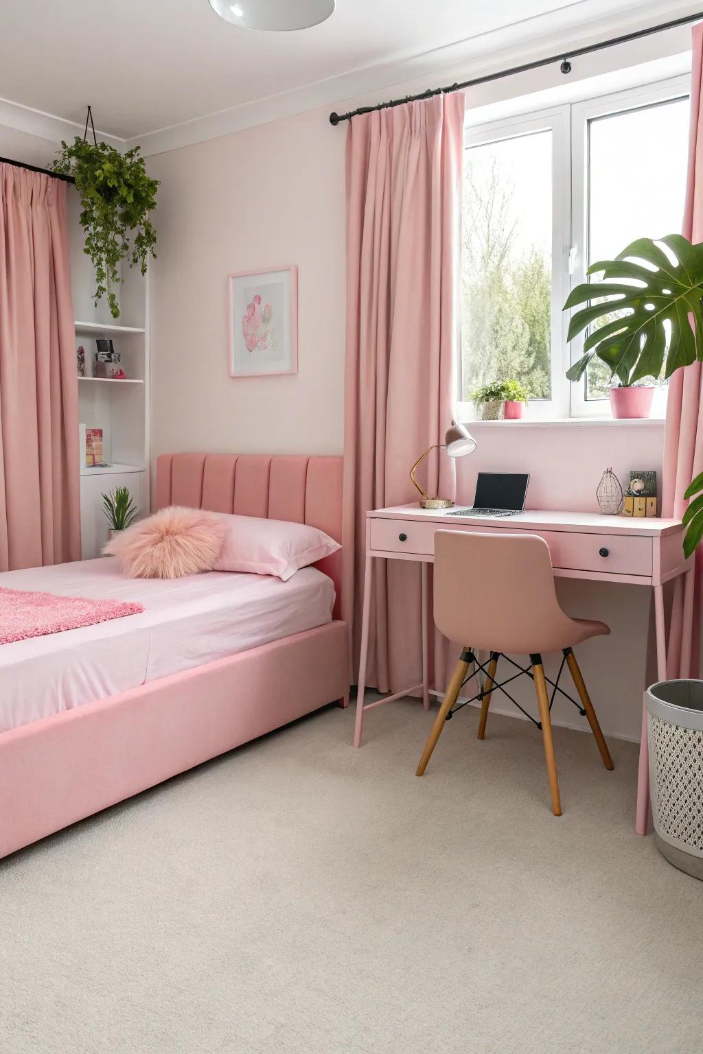 A pink bed frame serves as the focal point in this modern bedroom setting.