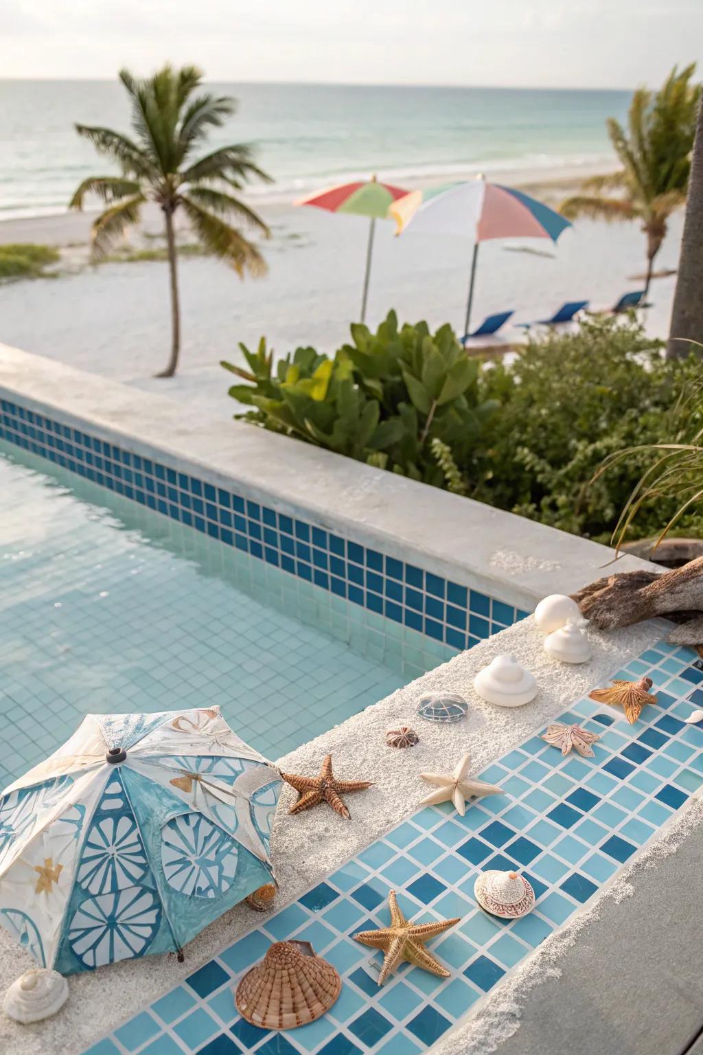Coastal azure ceramics apply a coastal vibe toward your swimming pool.