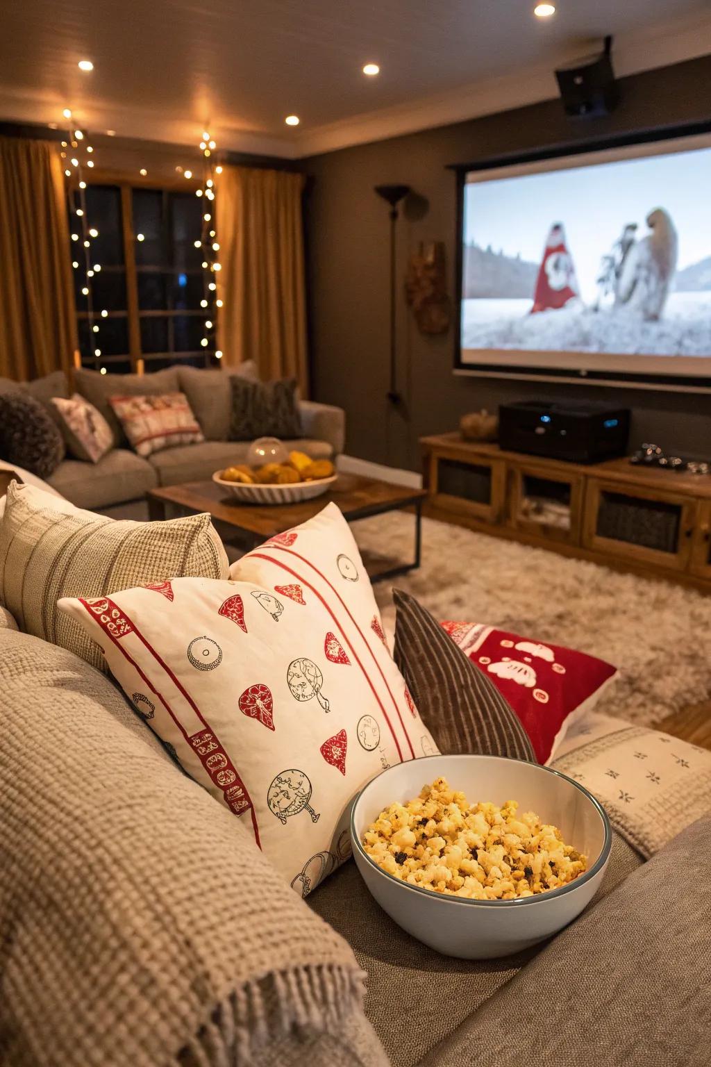 Create a cozy and festive atmosphere for movie night with popcorn-themed decor.