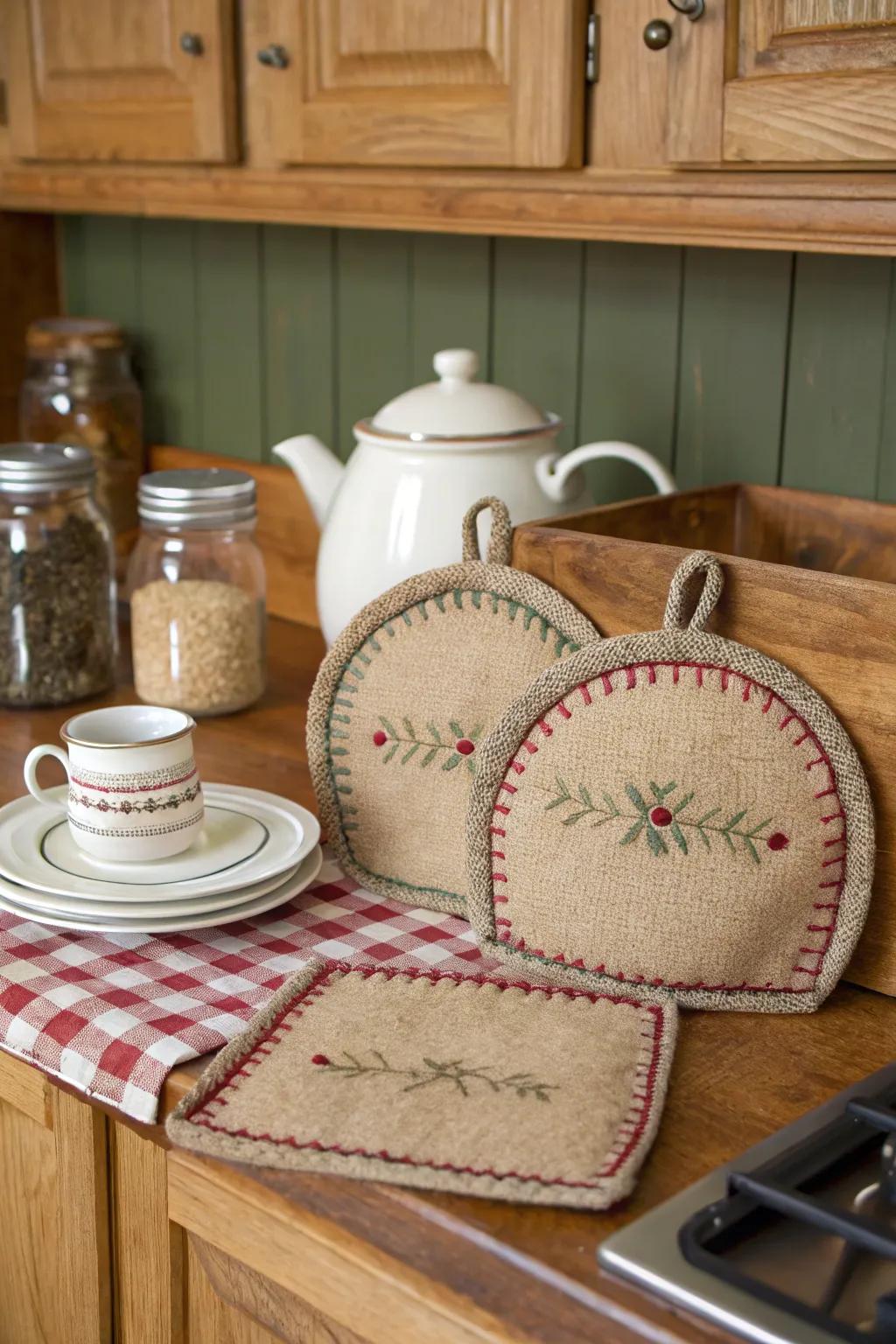 Burlap oven protectors enhance rural allure in any cooking space.
