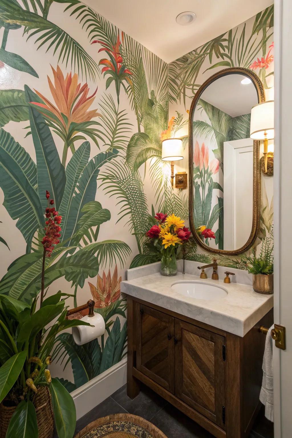 Tropical-themed designs turn your powder room into an exotic escape.