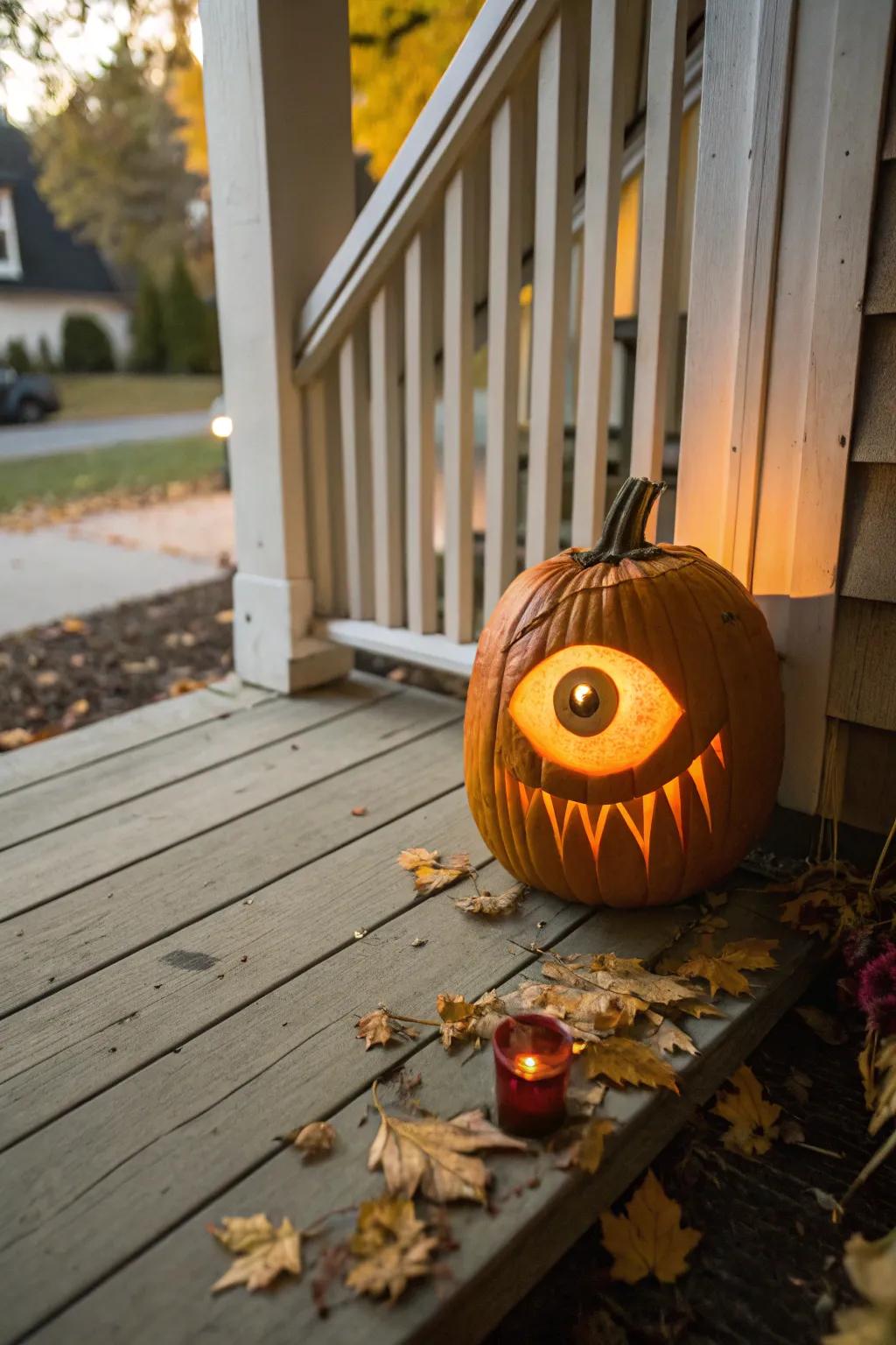 A one-eyed pumpkin introduces a humorous and eerie element to your exhibit.
