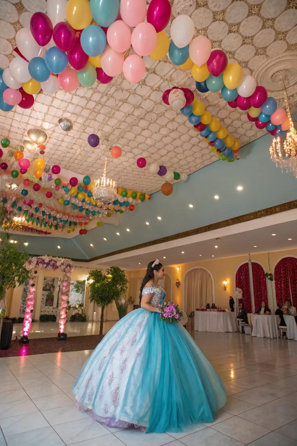 A sky-high balloon ceiling transforms the space.