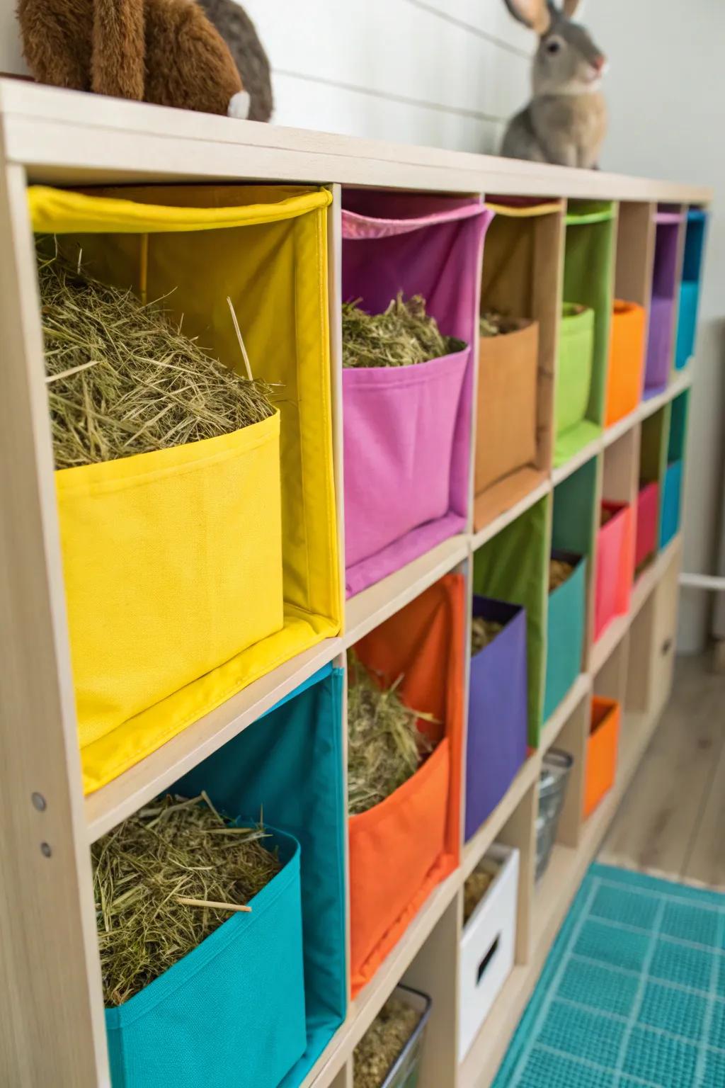 Fabric storage cubes blend function with style in hay storage.