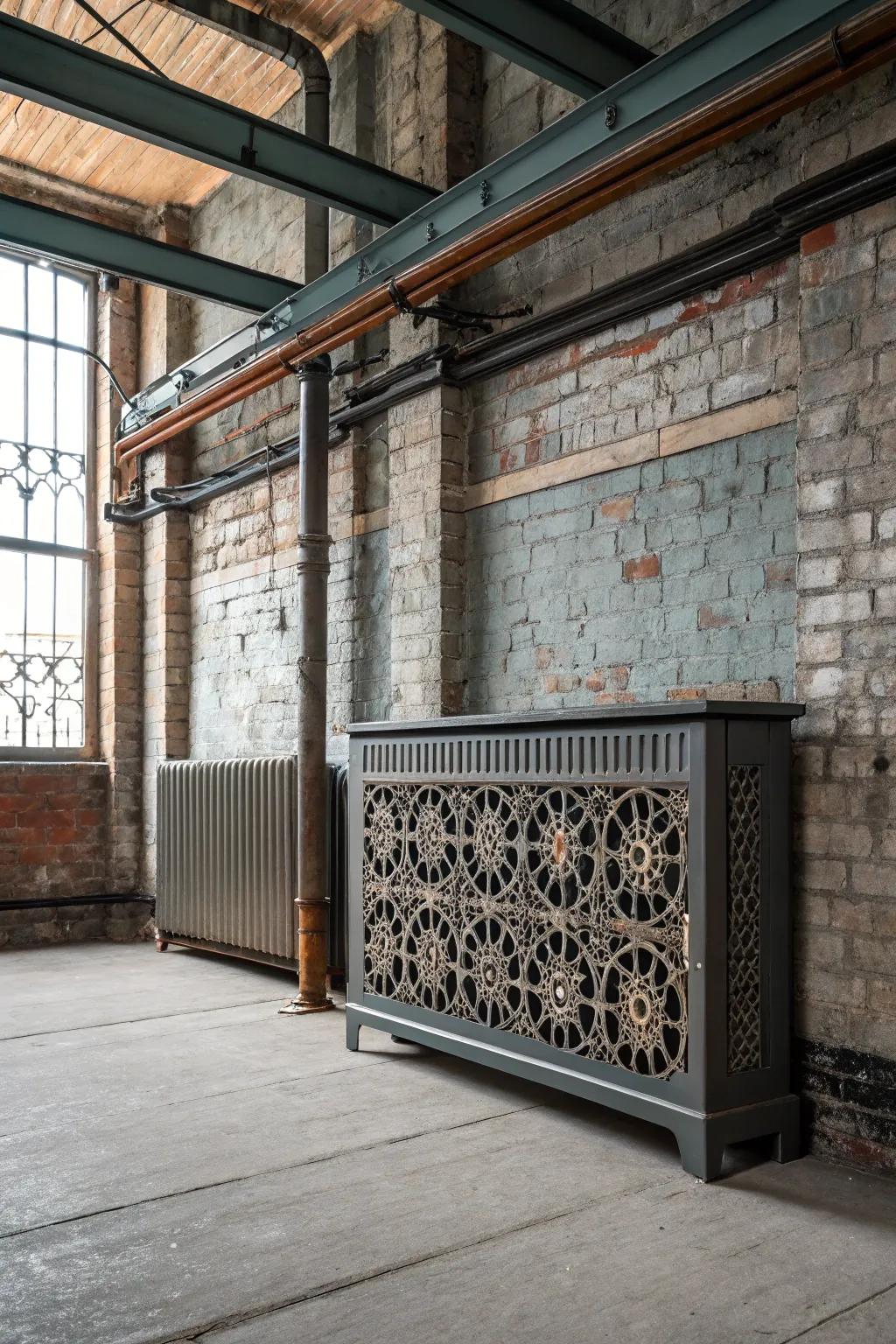 A metal grate design gives a radiator cover an industrial edge.