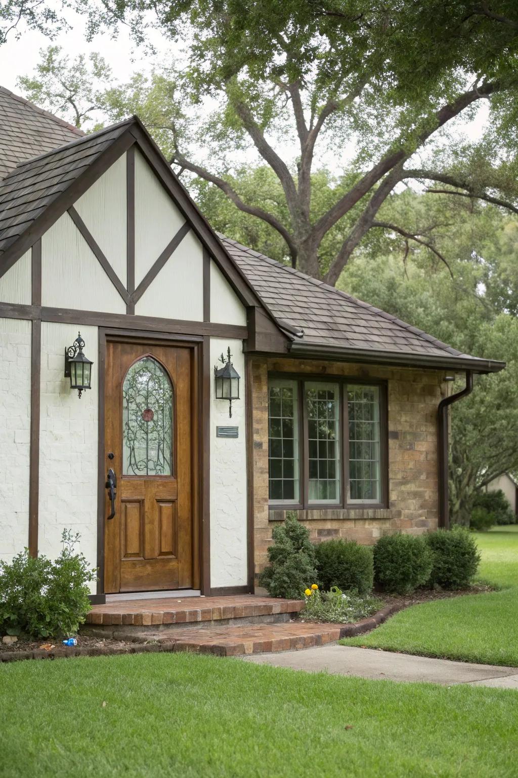 Tudor-inspired doors offer a touch of elegance.