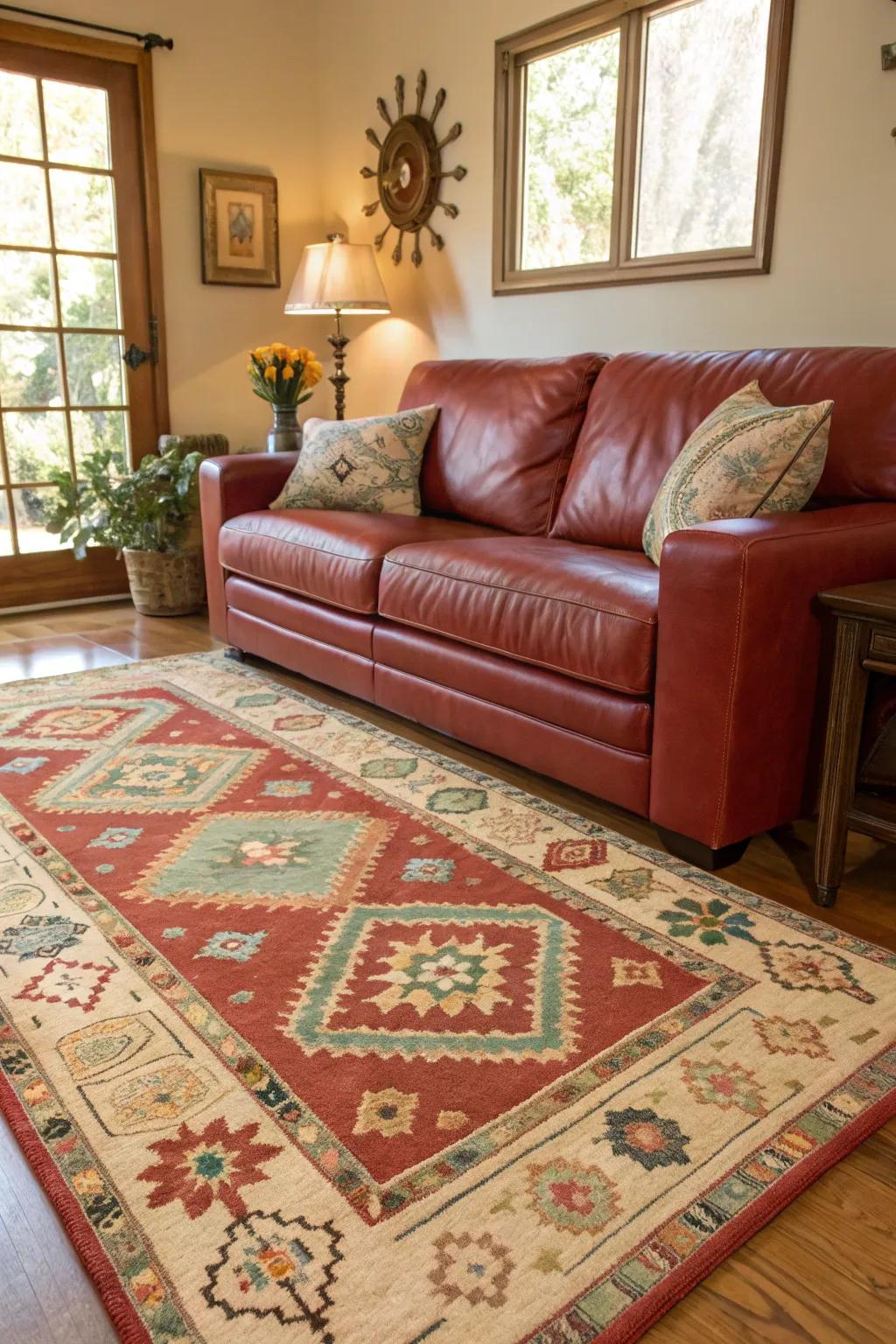A focal rug secures the chamber and heightens the allure featured by a scarlet hide sofa.