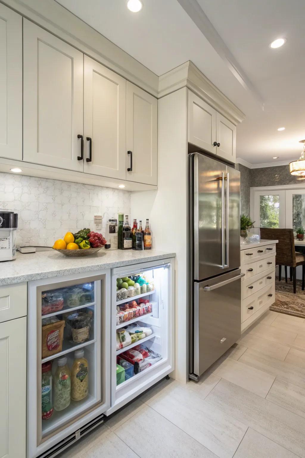 A cooking space showcasing an undercounter 'ice-box' ideal for extra storage.