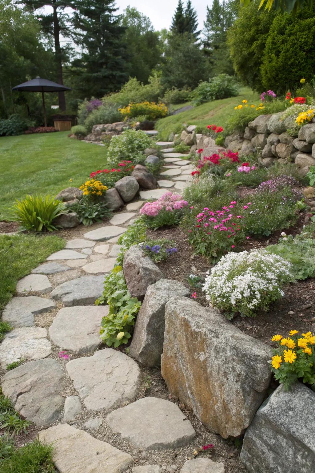 Rock borders elegantly defining paths and flower beds in a garden.