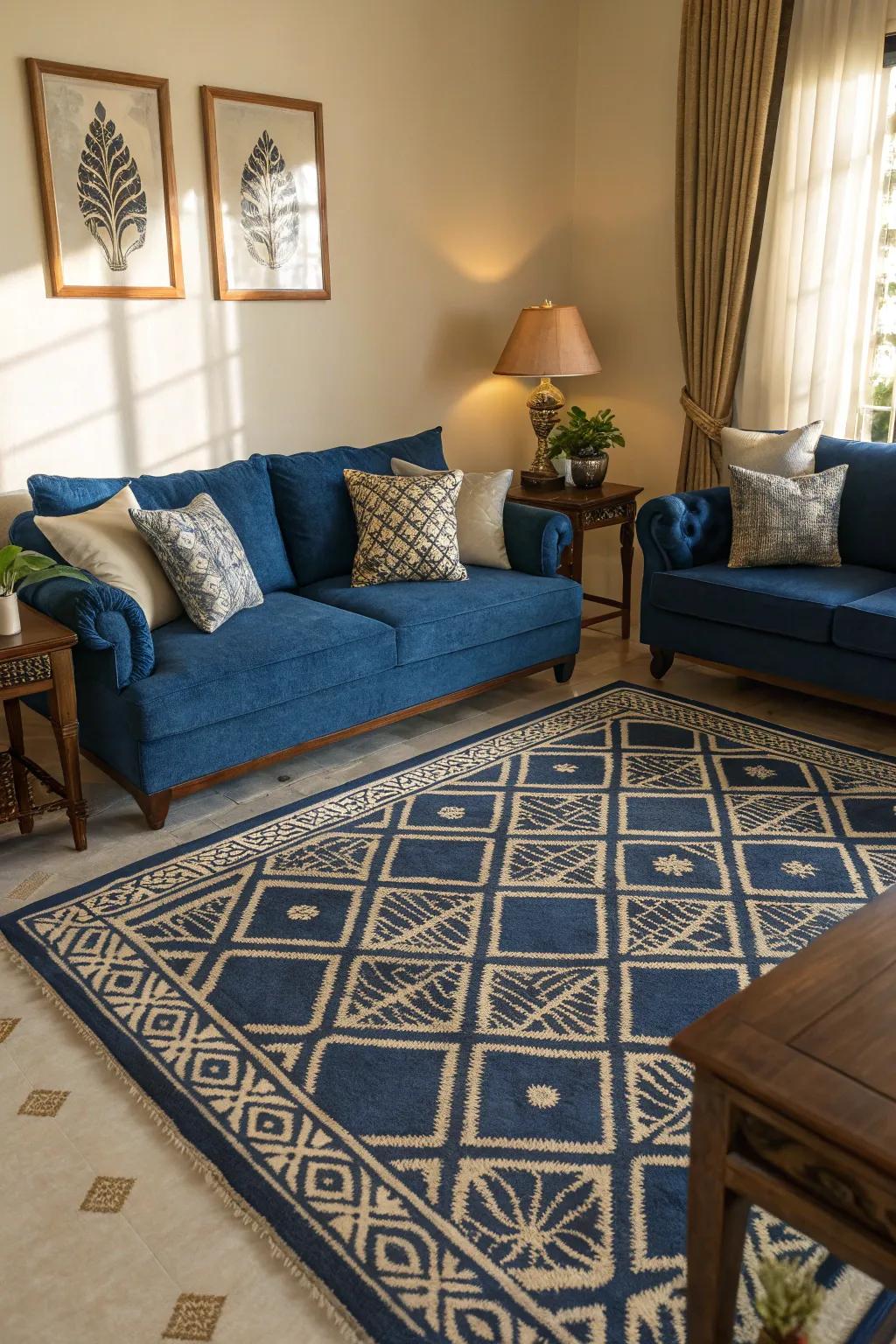 Geometric patterns introduce a modern and sophisticated element to a sapphire room.