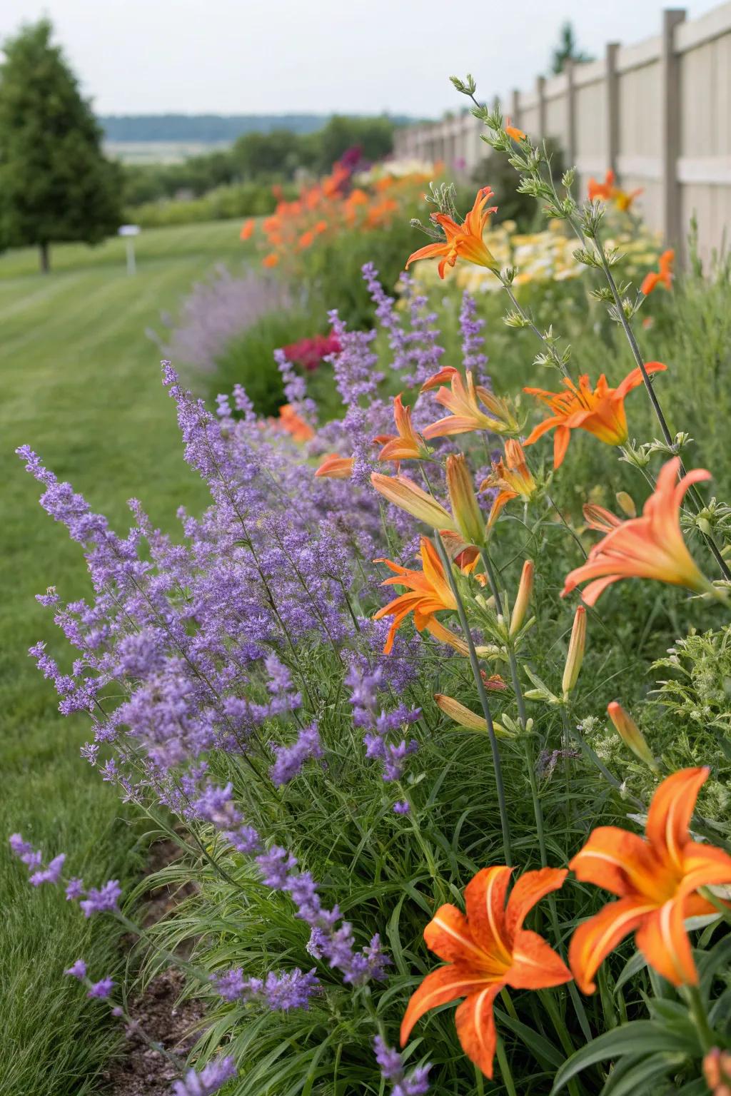 A bold and colorful garden with Russian sage and daylilies.