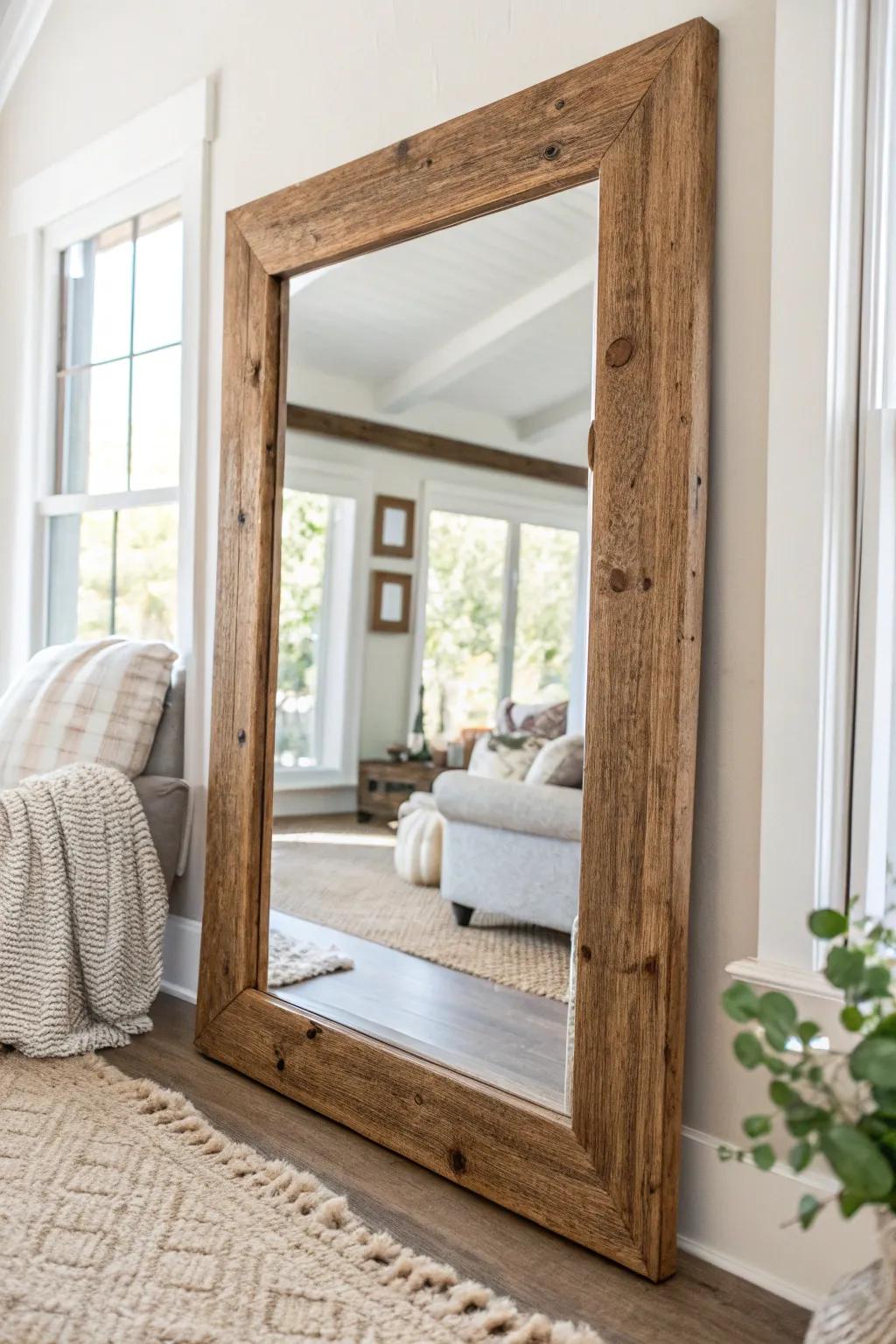 Rustic mirrors enhance space and light.