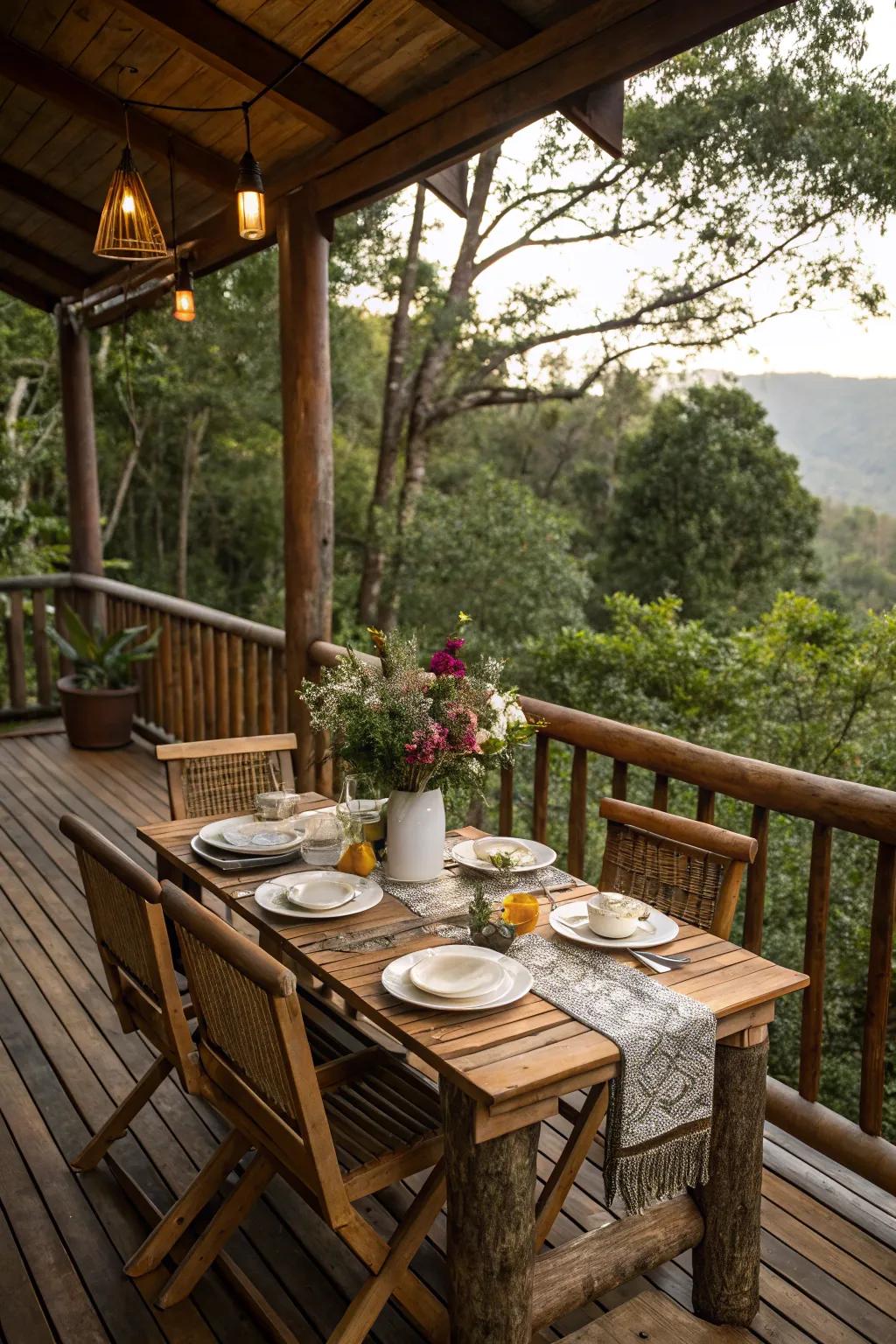 A wood dining counter encourages open-air meals on this veranda.