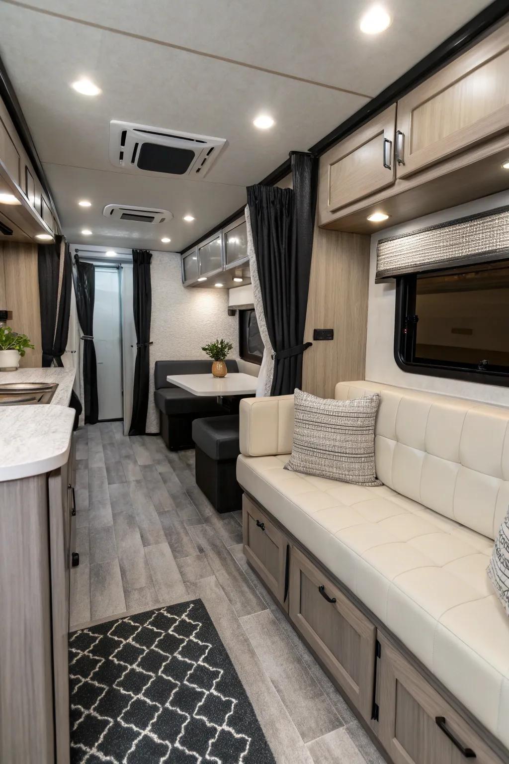 A monochrome palette creates a sleek, cohesive RV interior.