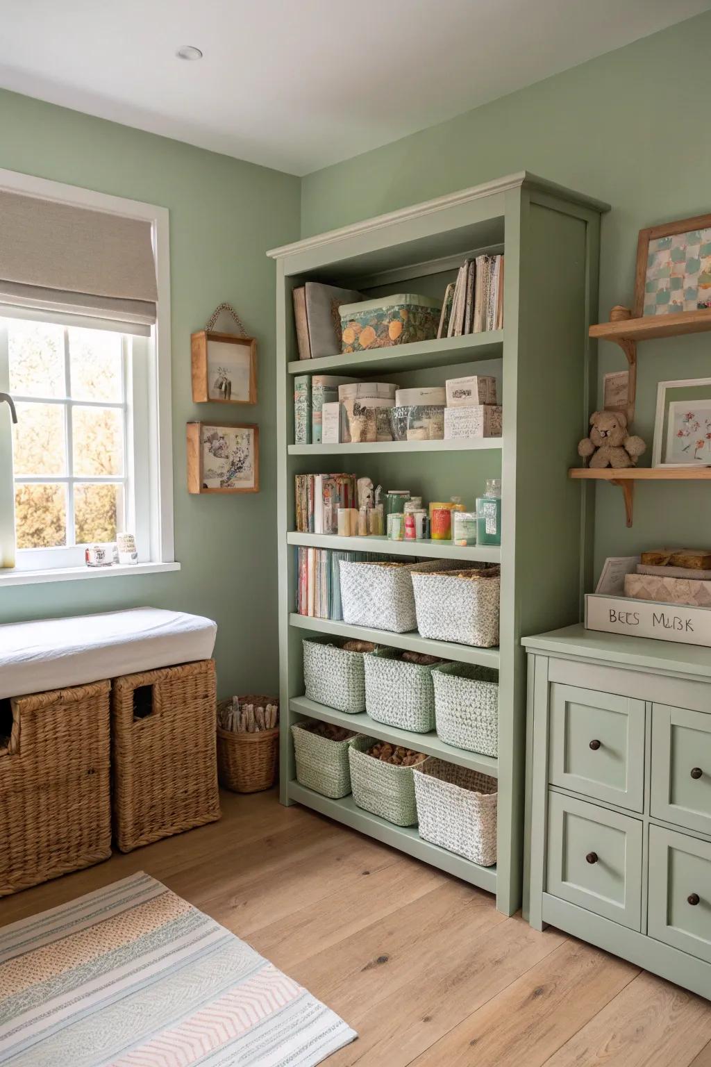 Functional storage solutions maintain tidiness and style in a sage green nursery.