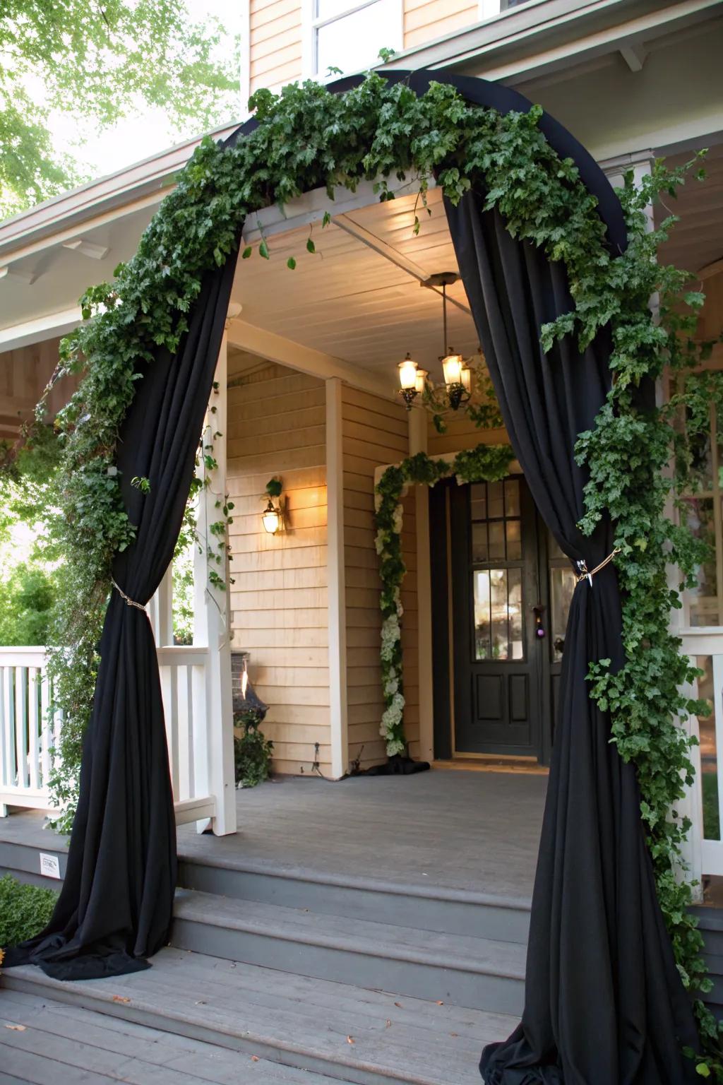 A spooky arch beckons visitors into the Halloween scene.