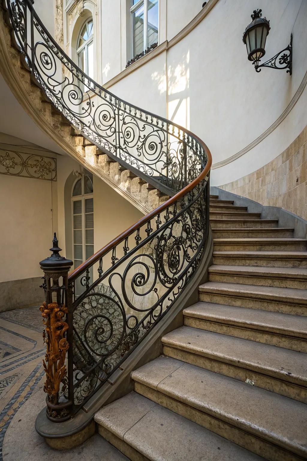 A staircase with a unique wrought iron railing design.