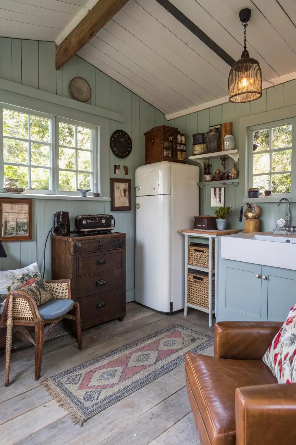 A shed home interior blending modern and vintage decor styles.