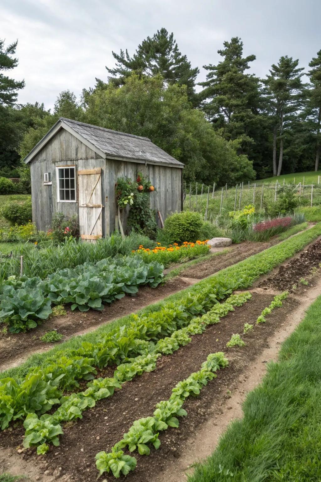 A shed conveniently located by the vegetable garden for easy access.