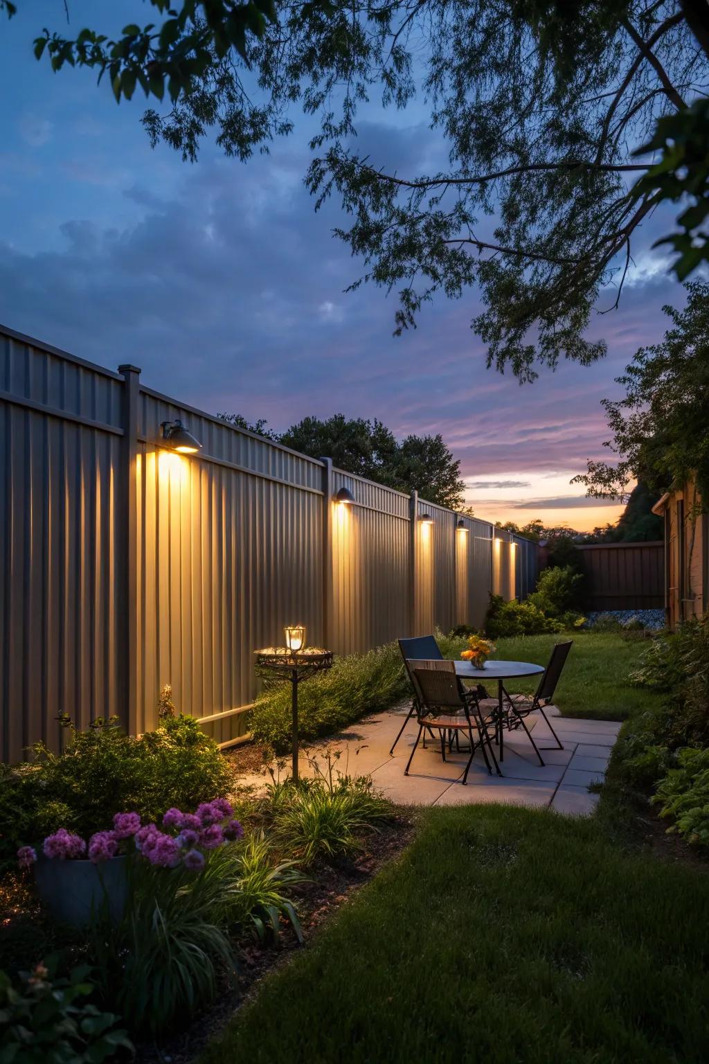 Integrated lighting transforms a fence into a nighttime spectacle.