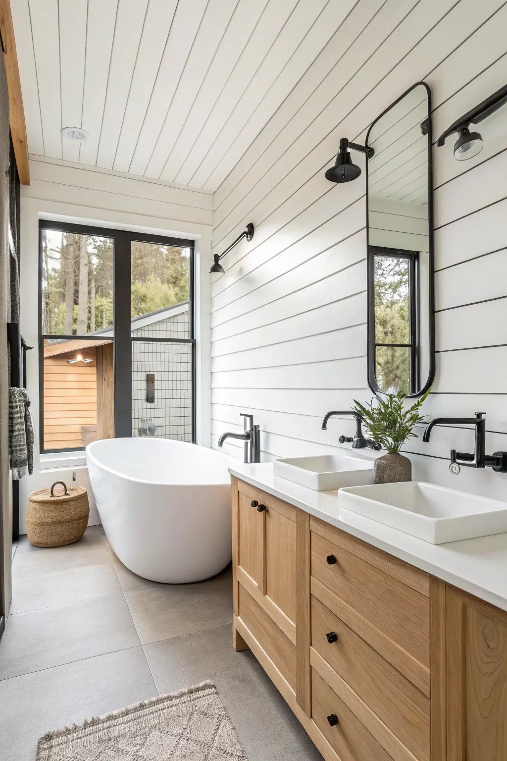 A bathroom with shiplap and modern fixtures for a stylish mix.