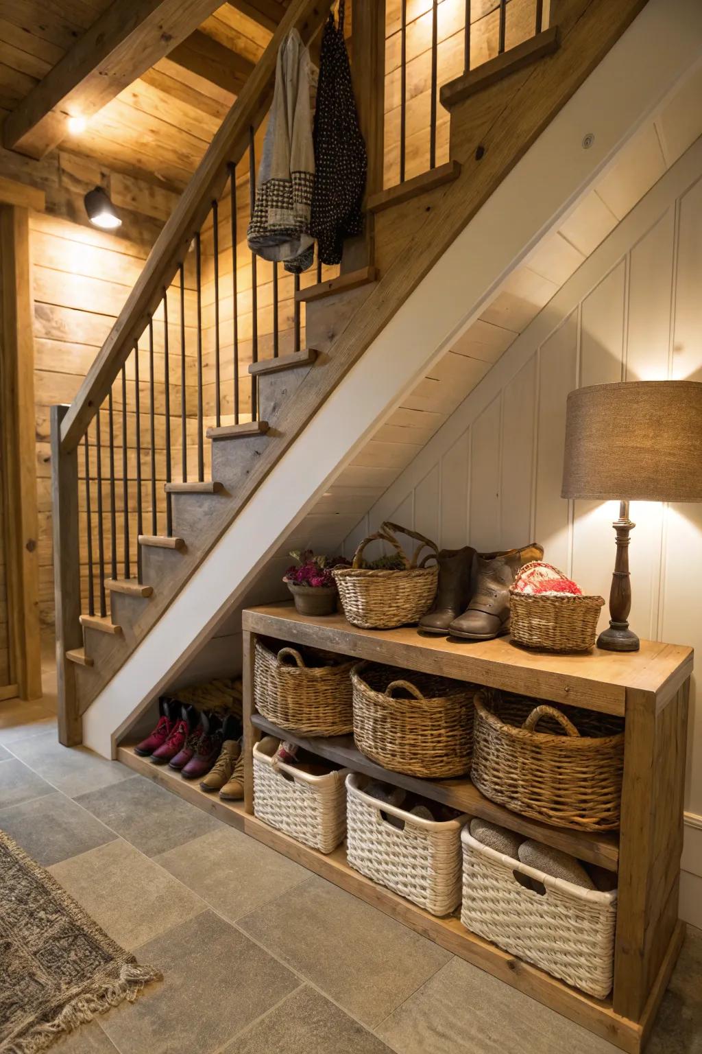 Under-the-stairs basket storage makes use of an otherwise wasted space.