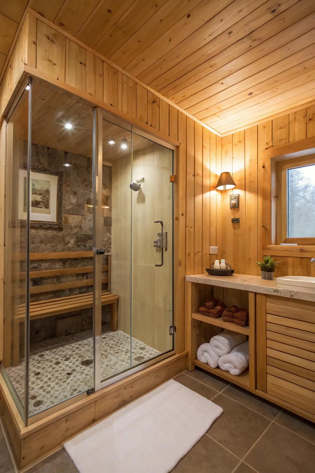 Wood panels bring warmth and a natural feel to your shower.