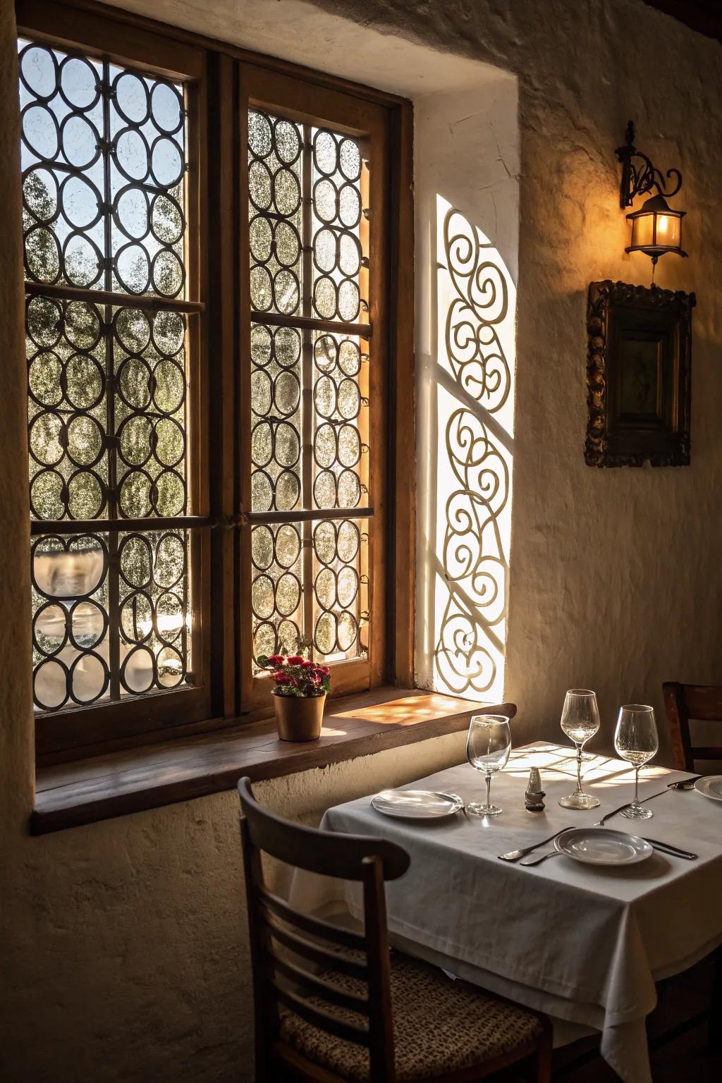 Patterned grids add unique ornamental flair to the window.