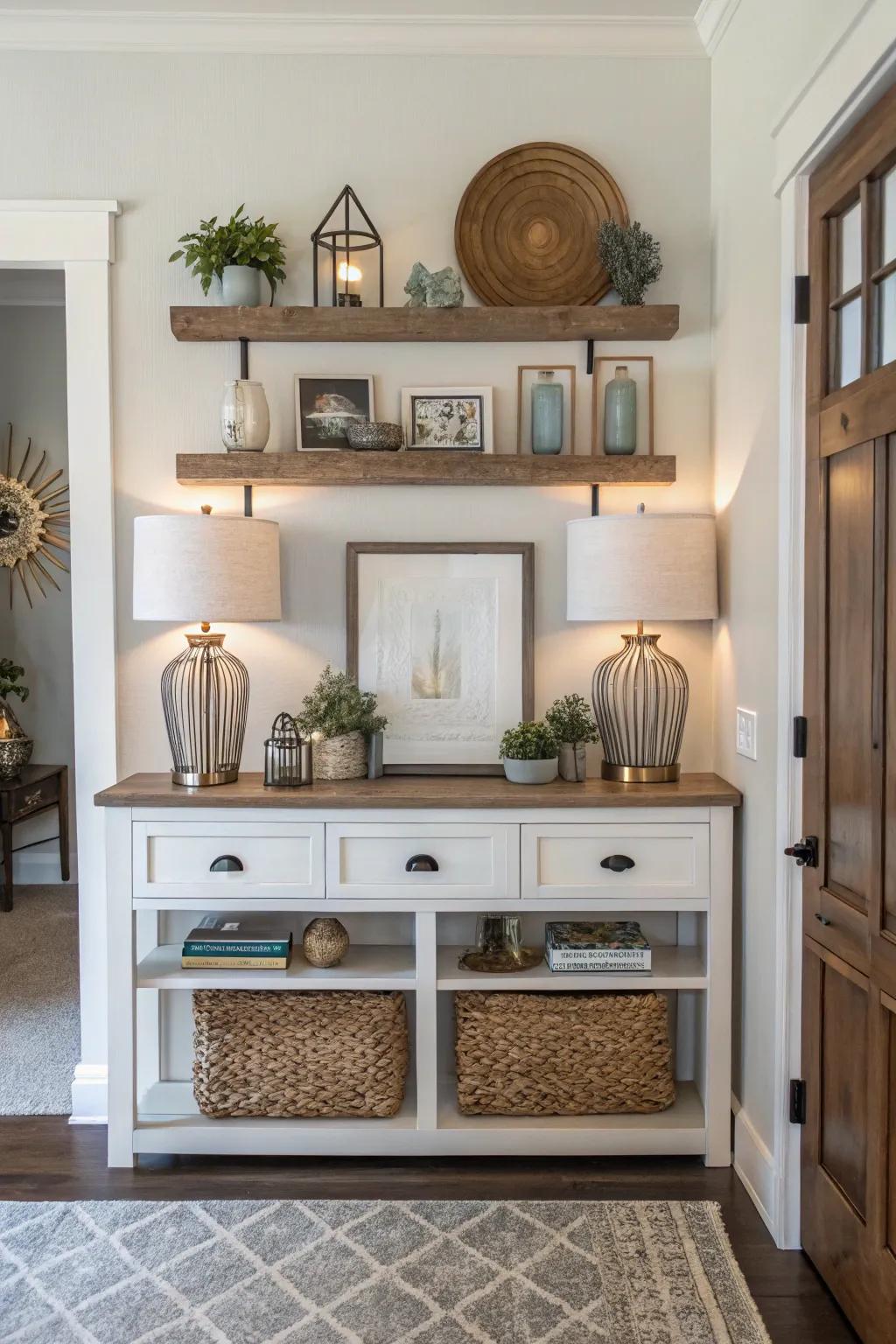 Floating shelves providing storage and elegance.