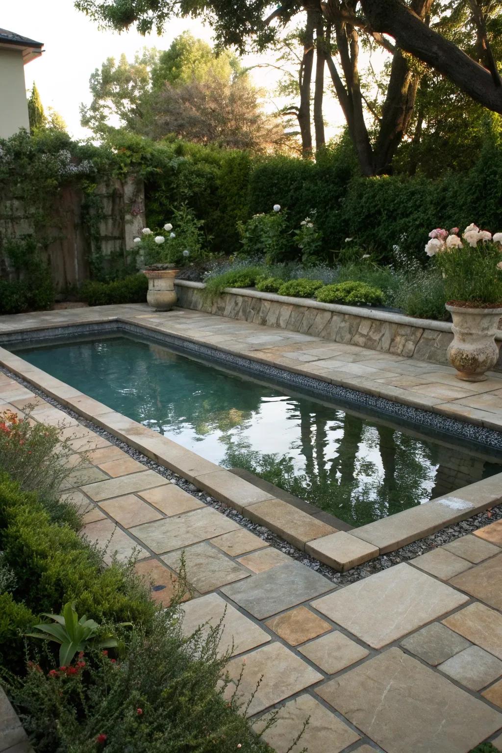 Elegant stone and tile give this small pool a luxurious feel.