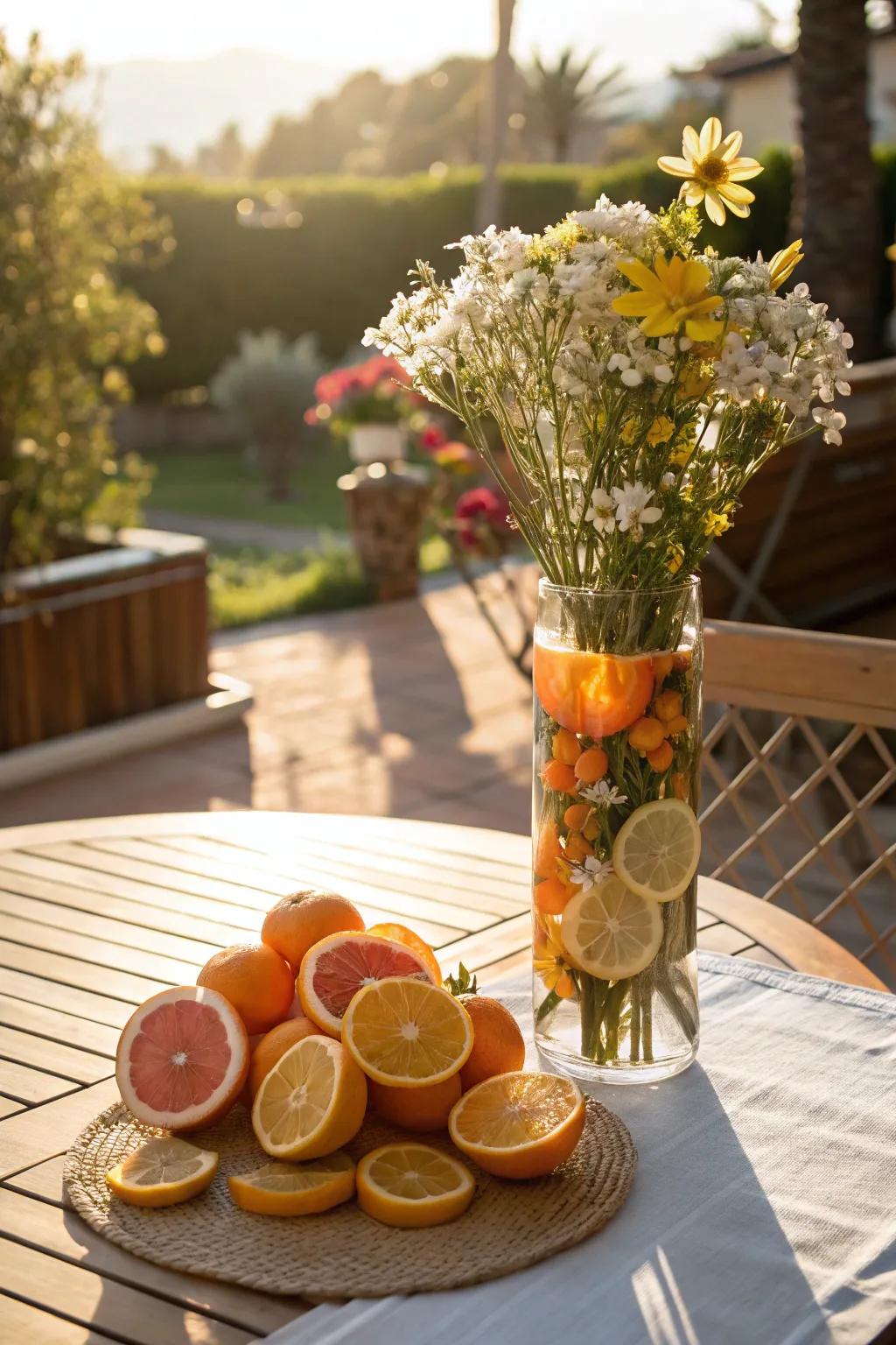 Citrus cuts with blossoms make a dynamic summer setting.