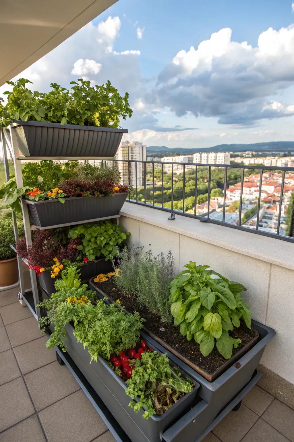 Balcony planters transform urban spaces into lush gardens.