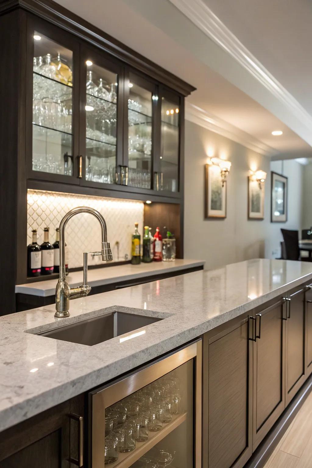 A stylish quartz countertop enhancing a small wet bar.