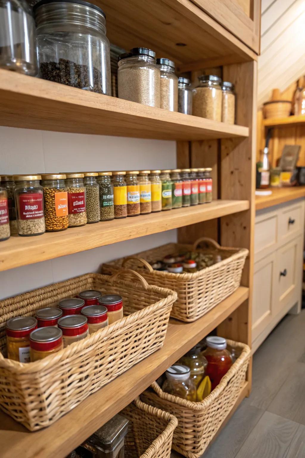 Under-shelf baskets providing extra spice storage.