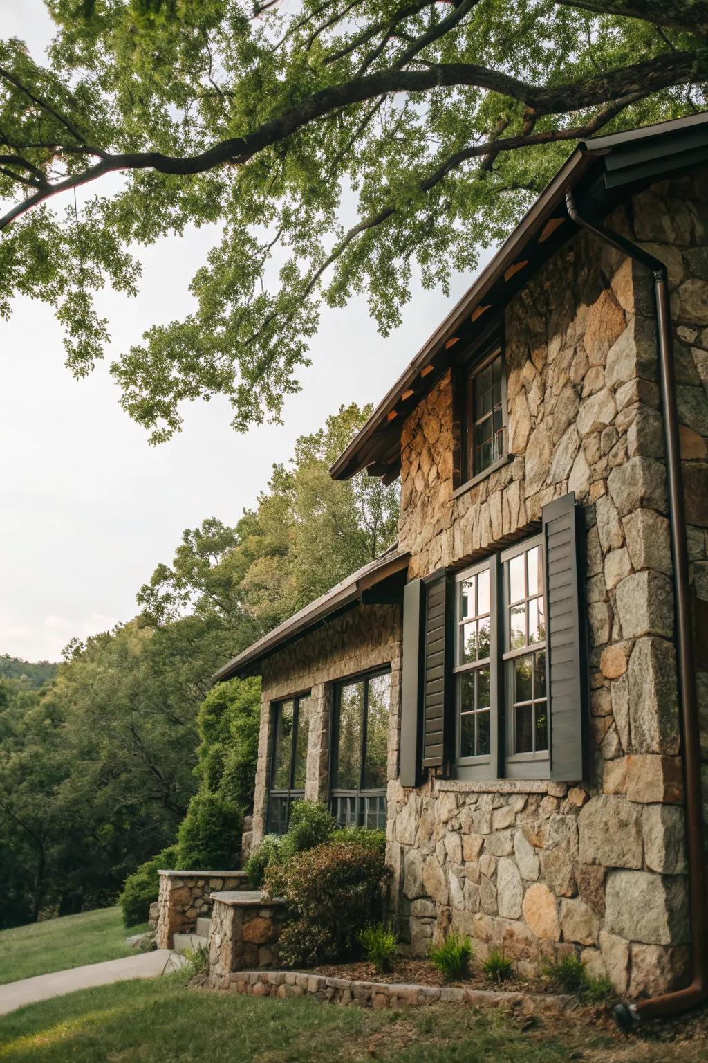 Window frames in stacked stone add character and charm.