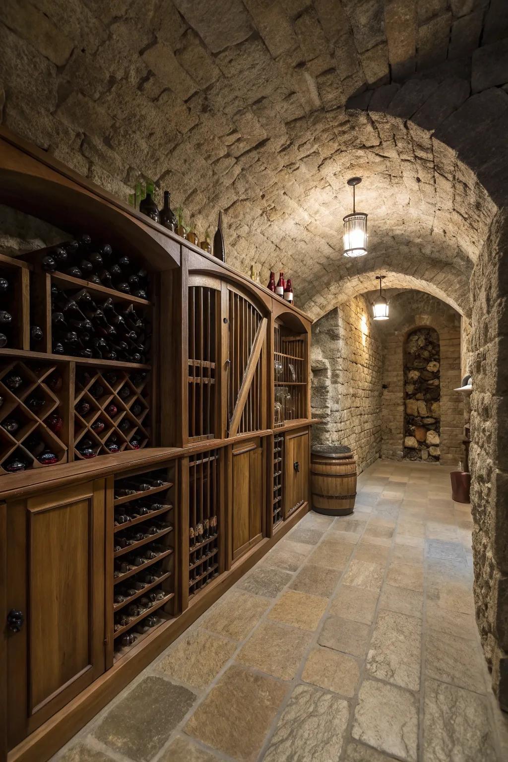 A wine cellar exuding old-world charm with stone walls.