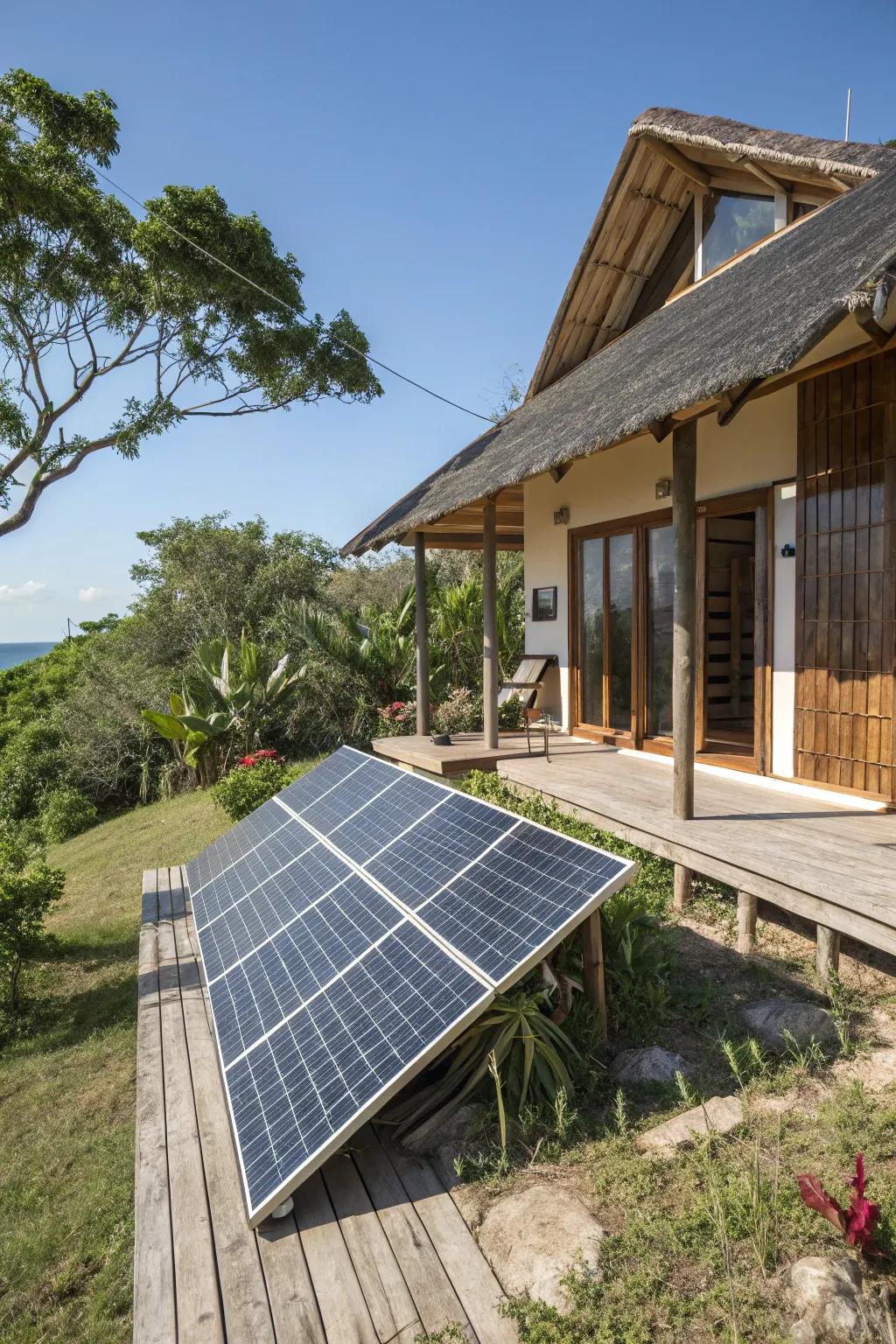 Solar arrays powering a sustainable island dwelling.