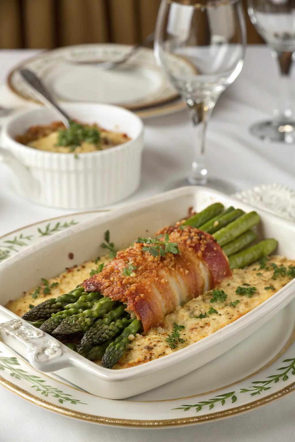 Bacon-wrapped asparagus bake, a sophisticated delight.