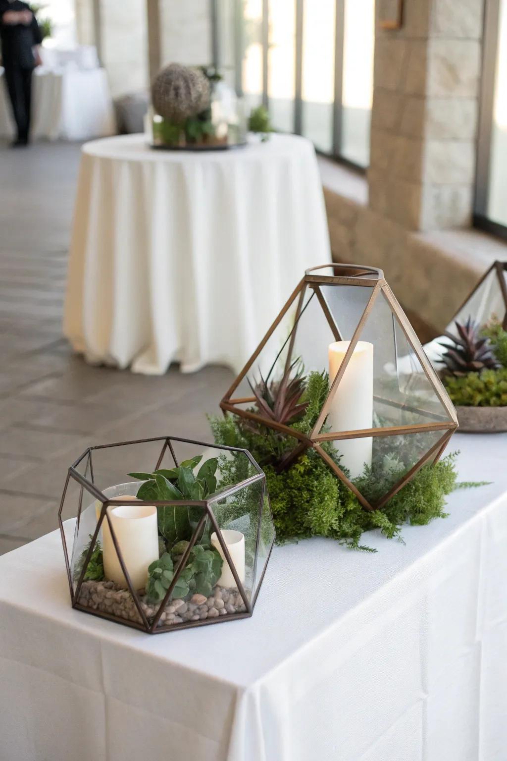 A modern sweetheart table featuring geometric elements for a contemporary look.