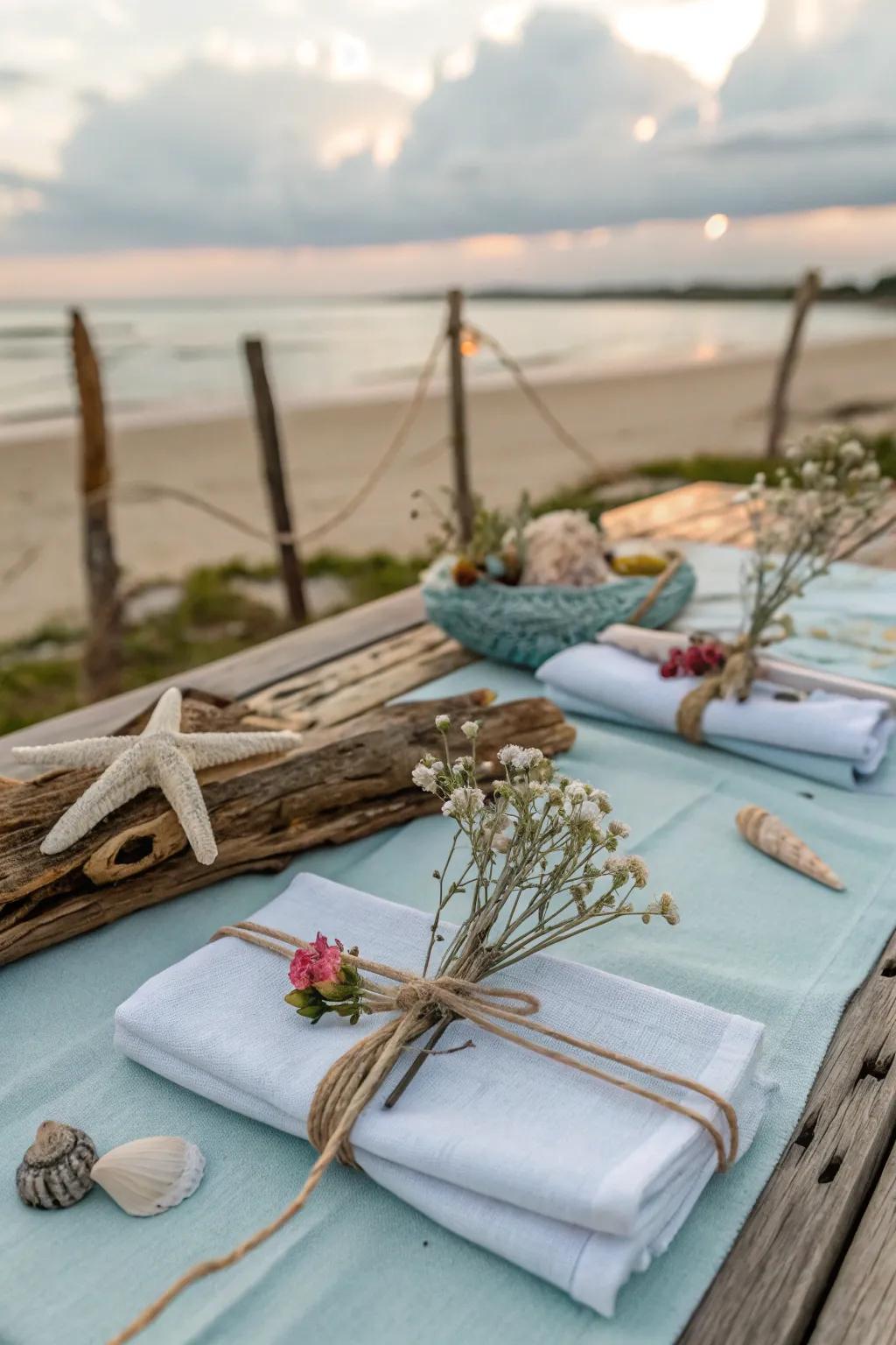 Twine and floral accents evoke seaside feelings.