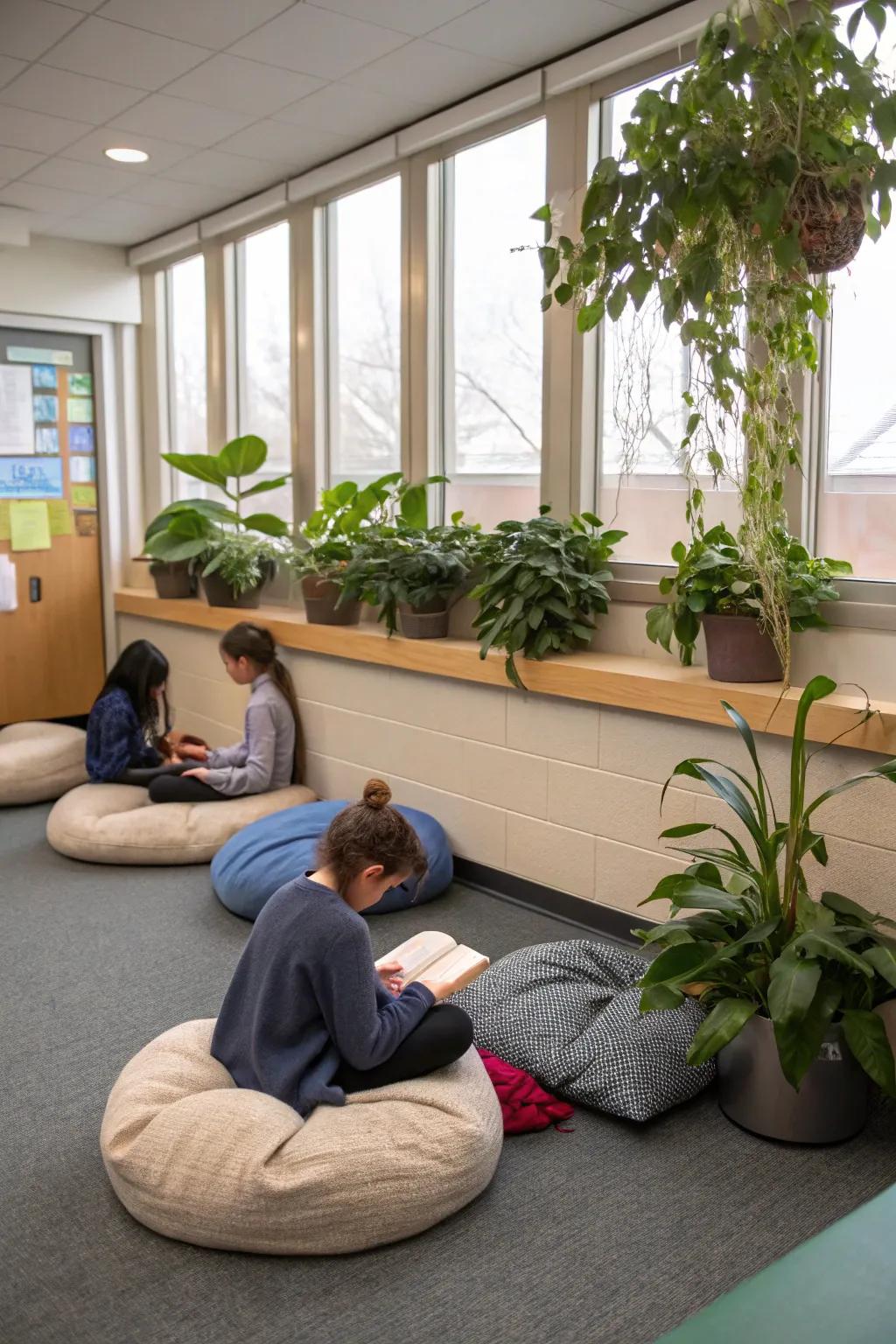 A mindfulness area provides a peaceful retreat in the classroom.