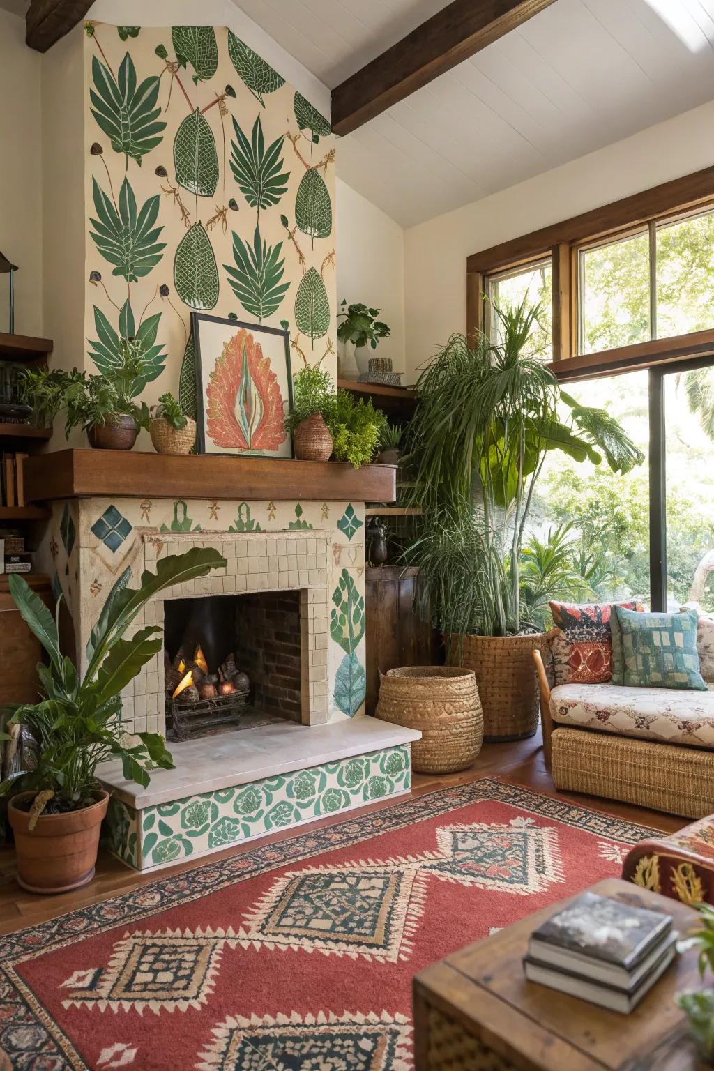 Tropical tiles bring a fresh and exotic touch to this lively fireplace.