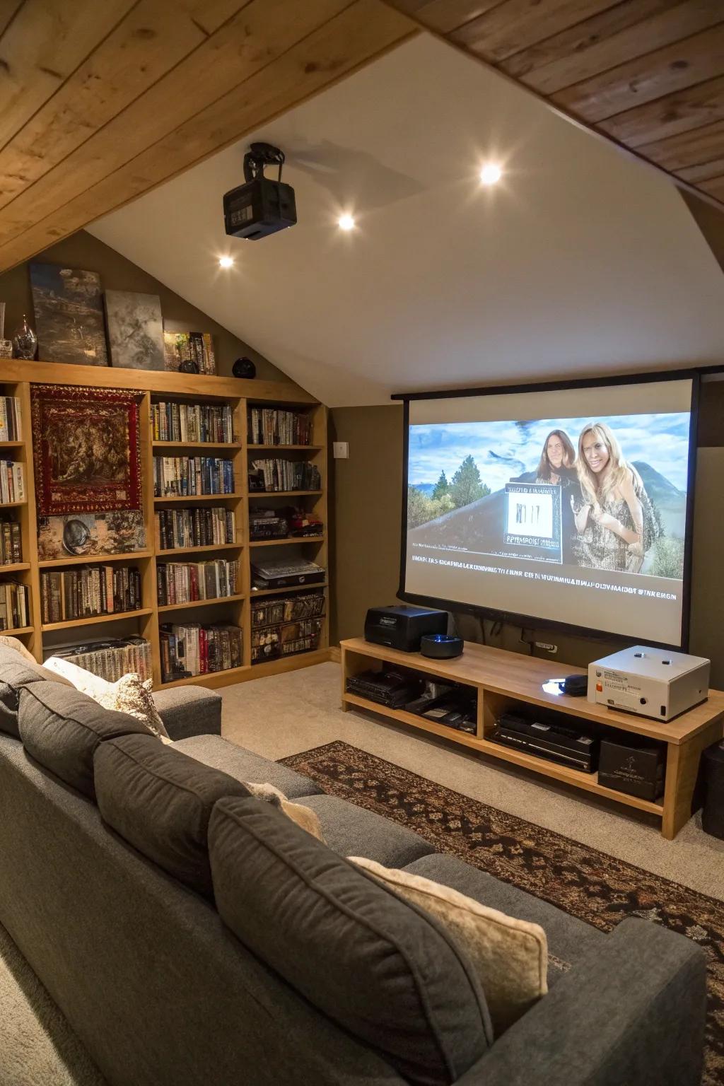 A projector transforms a small man cave into a personal cinema.