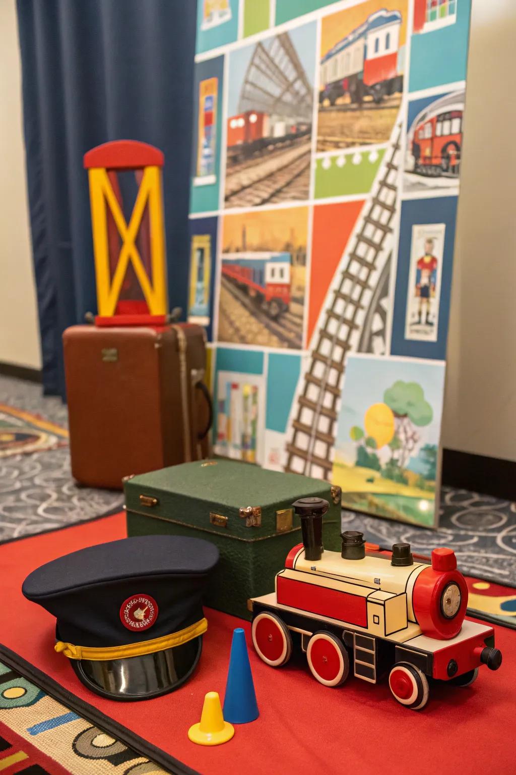 A photo booth with train props for memorable snapshots.