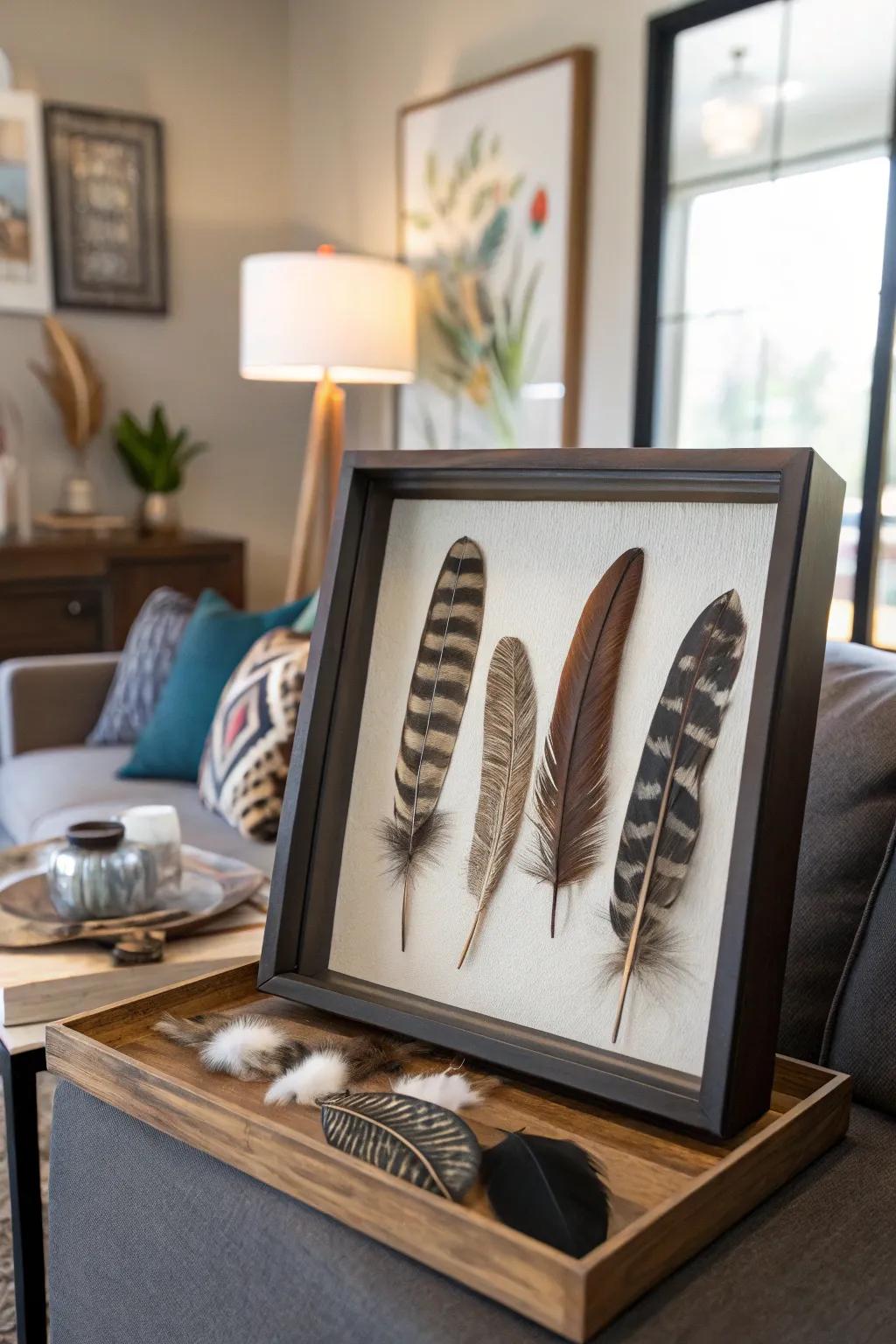 A chic shadow box display encasing turkey hunting mementos.