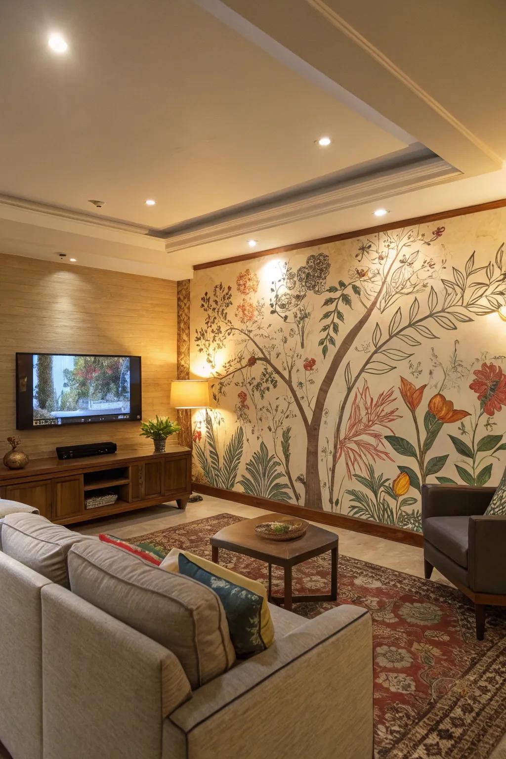 An artistic mural integrates the TV into the room's creative design.