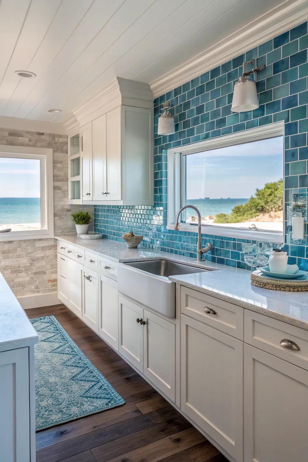 A kitchen with cohesive yet varied backsplash themes.