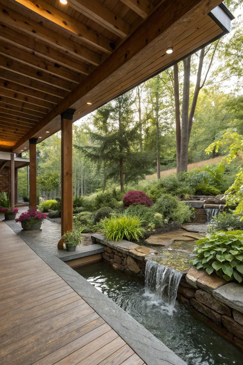 A tranquil retreat beneath the deck, featuring a soothing water element.
